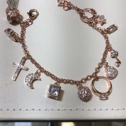 Beautiful charm bracelet 13 hanging charms 925 sterling silver rose Tone 