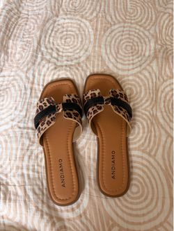 Andiamo Leopard Print Slide Sandals Size 7.5 Black Rhinestone Strap Flat