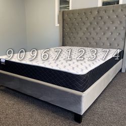 Cal King Black Chanelle Wingback Platform Bed w. Orthopedic Mattress Included