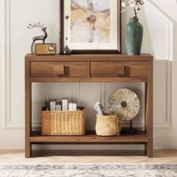 Console Table with Drawers, 40 Inch Narrow Entryway Table with Open Storage Shelves, Mid Century Modern Hallway Accent Tables Behind Couch Table for L