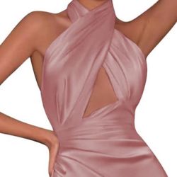  Sexy High Slit Pleated Bridesmaid Prom Dresses Long For Women With Slit Corset Formal Party Gowns Satin Halter Evening Dress Dusty Rose Size 12