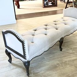 Bench ~ Light Gray Velvet Sitting Bench, Extra Long  W/ Nailhead Trim, Tufted Seat On Wooden Frame 