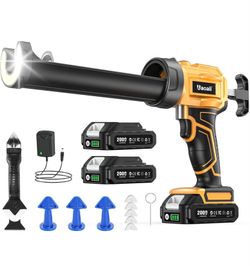 Electric Caulking Gun, Cordless Caulking Gun with 2x 2000mAh Batteries, 9Pcs Silicone Caulking Tools, 4 Adjustable Speeds, LED Light, 10OZ Battery Sil