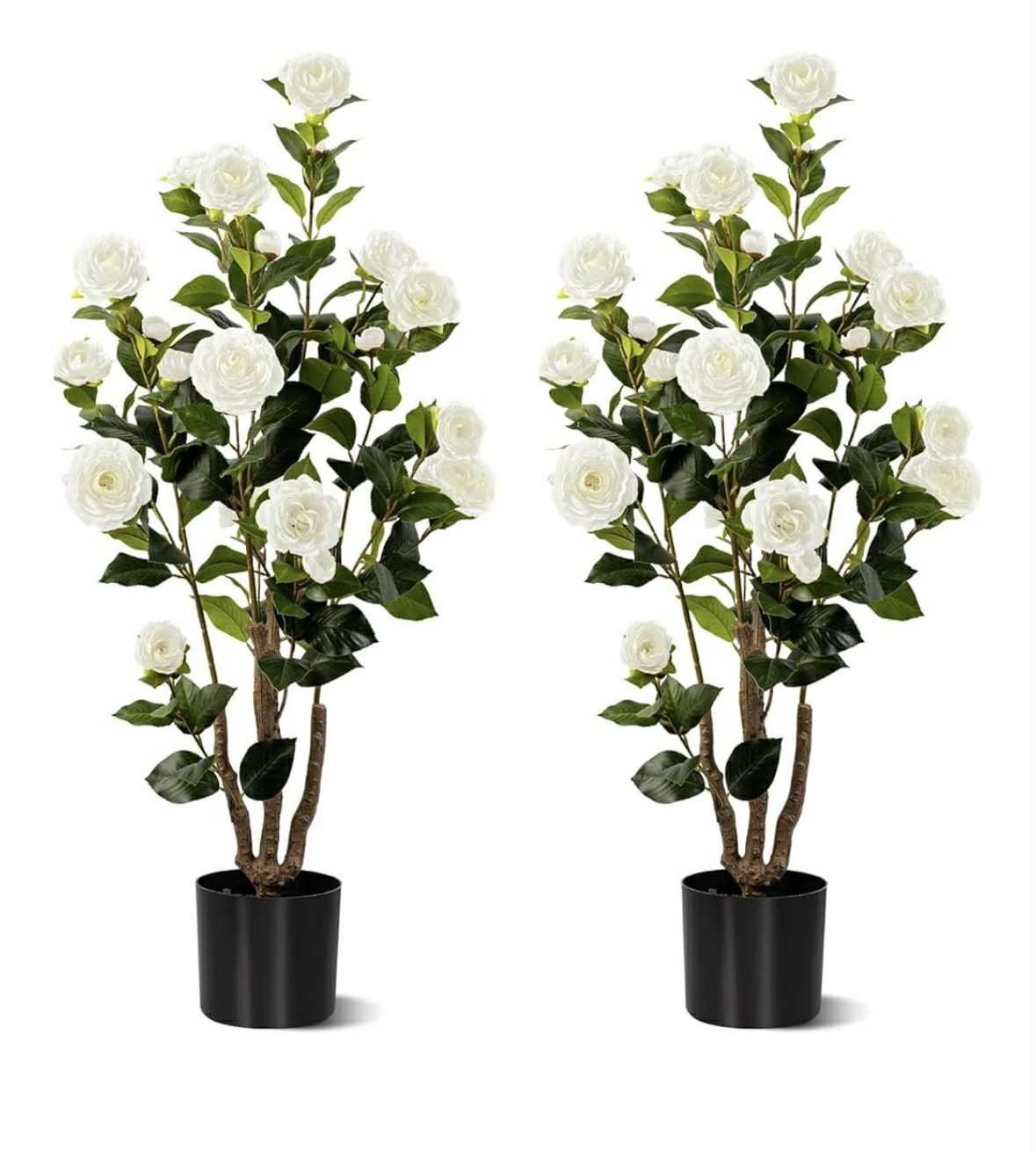 ZYLWTSNTKN Artificial Camellia Tree 2 Pack, Artificial Plants Outdoor Faux Floral Plant in Cement Pot Fake White Silk Camellia Tree Plants for Home 