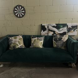 Green And Gold Sofa Legs Are Broken On The Let Side, Three Canvas Pictures,Green Gold Rug 5/7 In Size, Green Gold Chair 