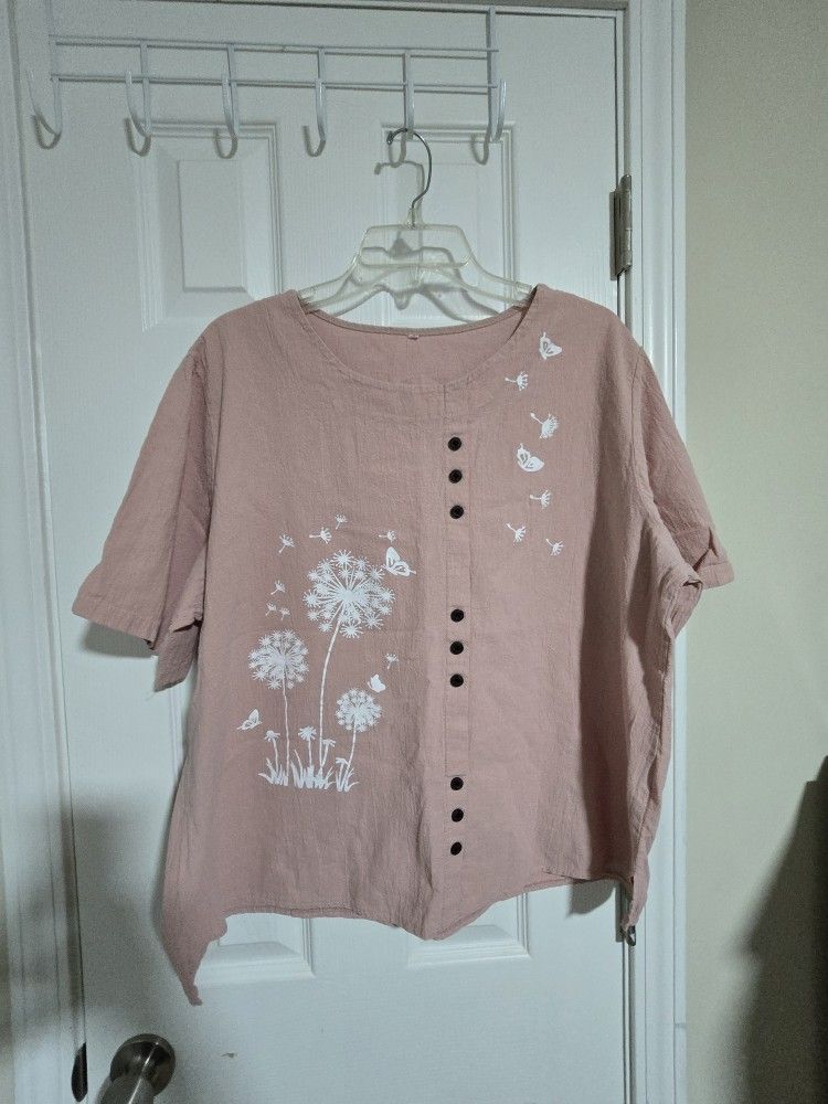 Blush Dandelion & Butterfly Blouse - Crinkle Texture & Button Front