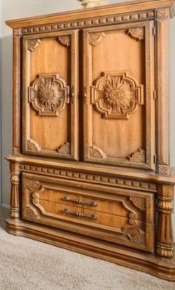Large Solid Wood Armoire / Media Cabinet – Ornate Carved Details