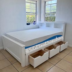 White Full Bed With Drawers And Memory Foam Mattress 
