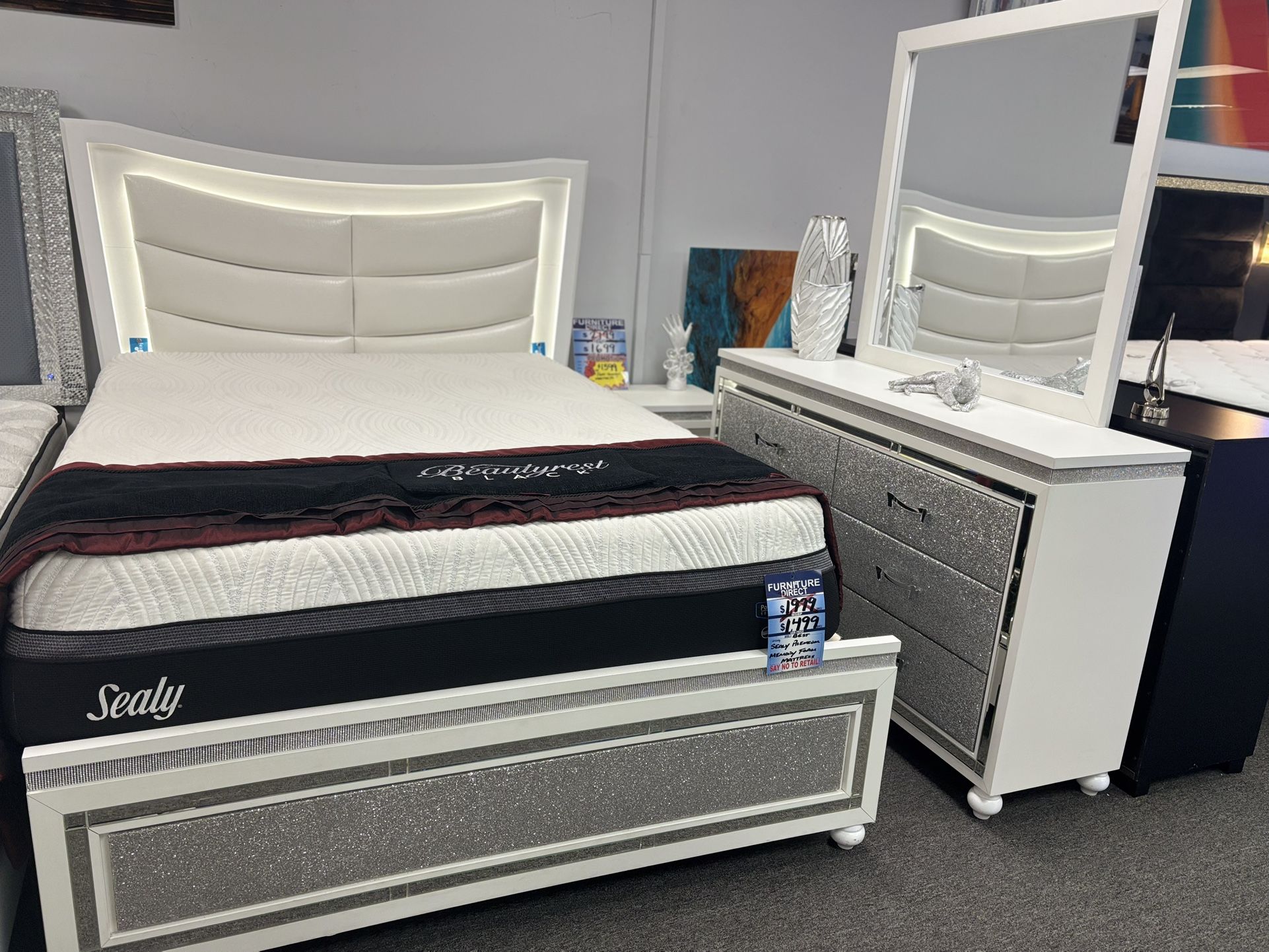 White Bedroom Set 5pc W/ LED Lights & Glitter Accents For Sale ( FREE MATTRESS) Labor Day Sale Now!
