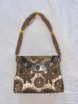 Stunning Rare Vintage Zardozi Beaded Evening Bag Pink Satin Metal Jewel Details