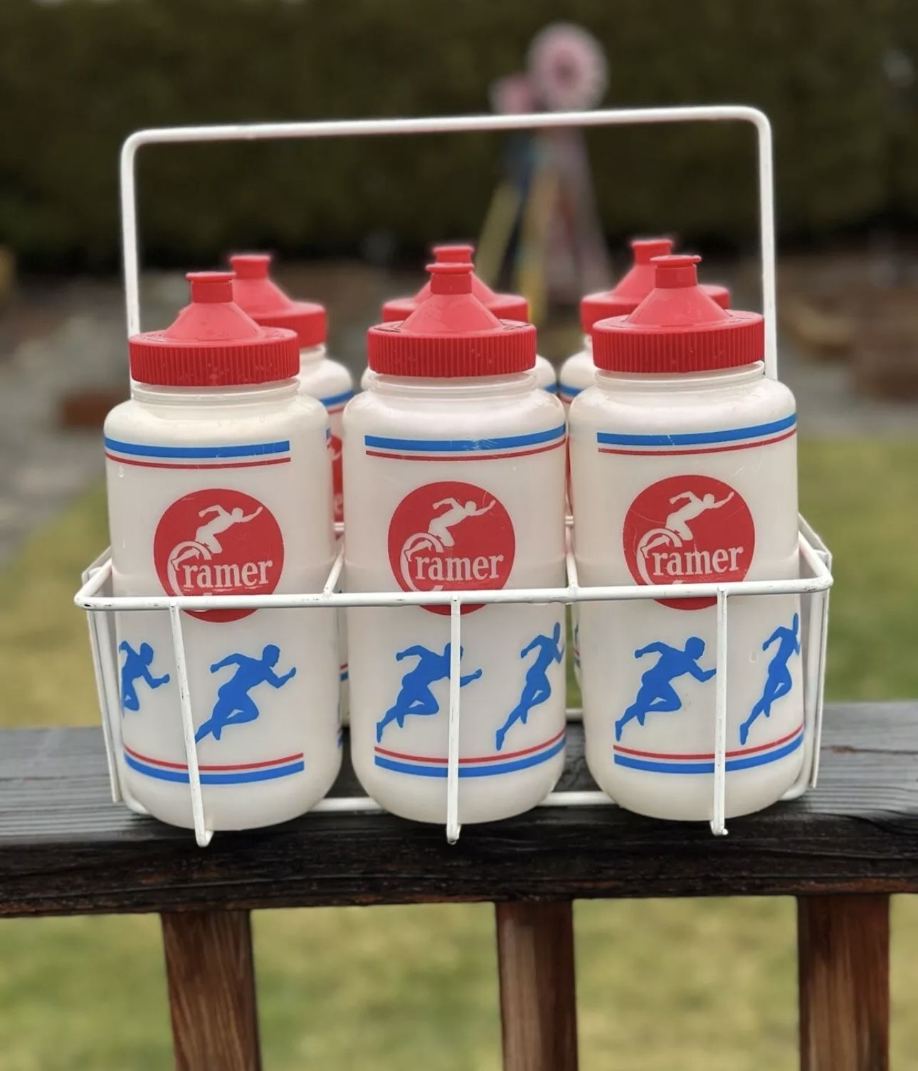 Vintage Cramer Water Bottle Set: Carrier Coated Wire Case and Six 32oz Bottles
