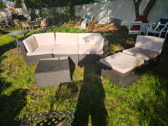 Price is firm. Beautiful basket weave outdoor lounge set