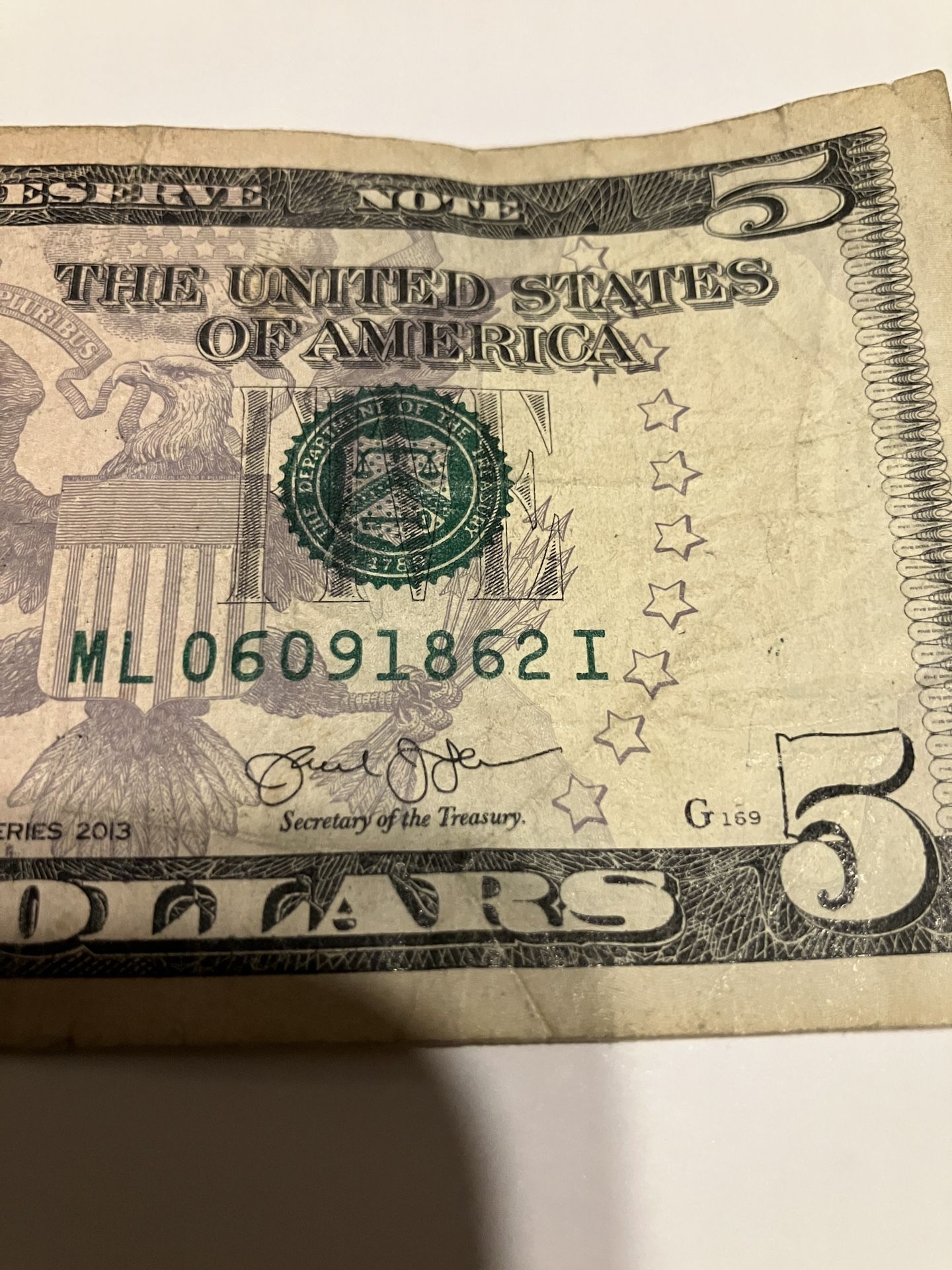 $5 Bill Fancy Serial ML 06/09/1862, Series 2013