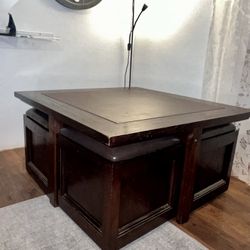 Puzzle Table with Rolling Cubby Storage Stools
