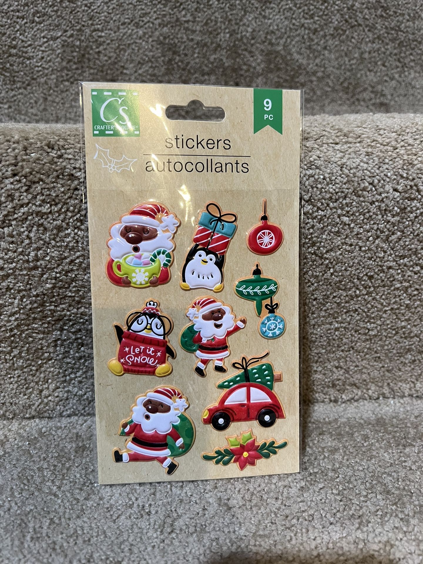 Christmas Brown Santa Crafters Square Puffy 9 Stickers