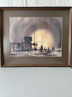 Framed Watercolor Harbor Scenevintage  Painting