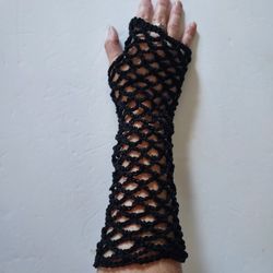 Fishnet Long Black Fingerless Crocheted Gloves Homemade