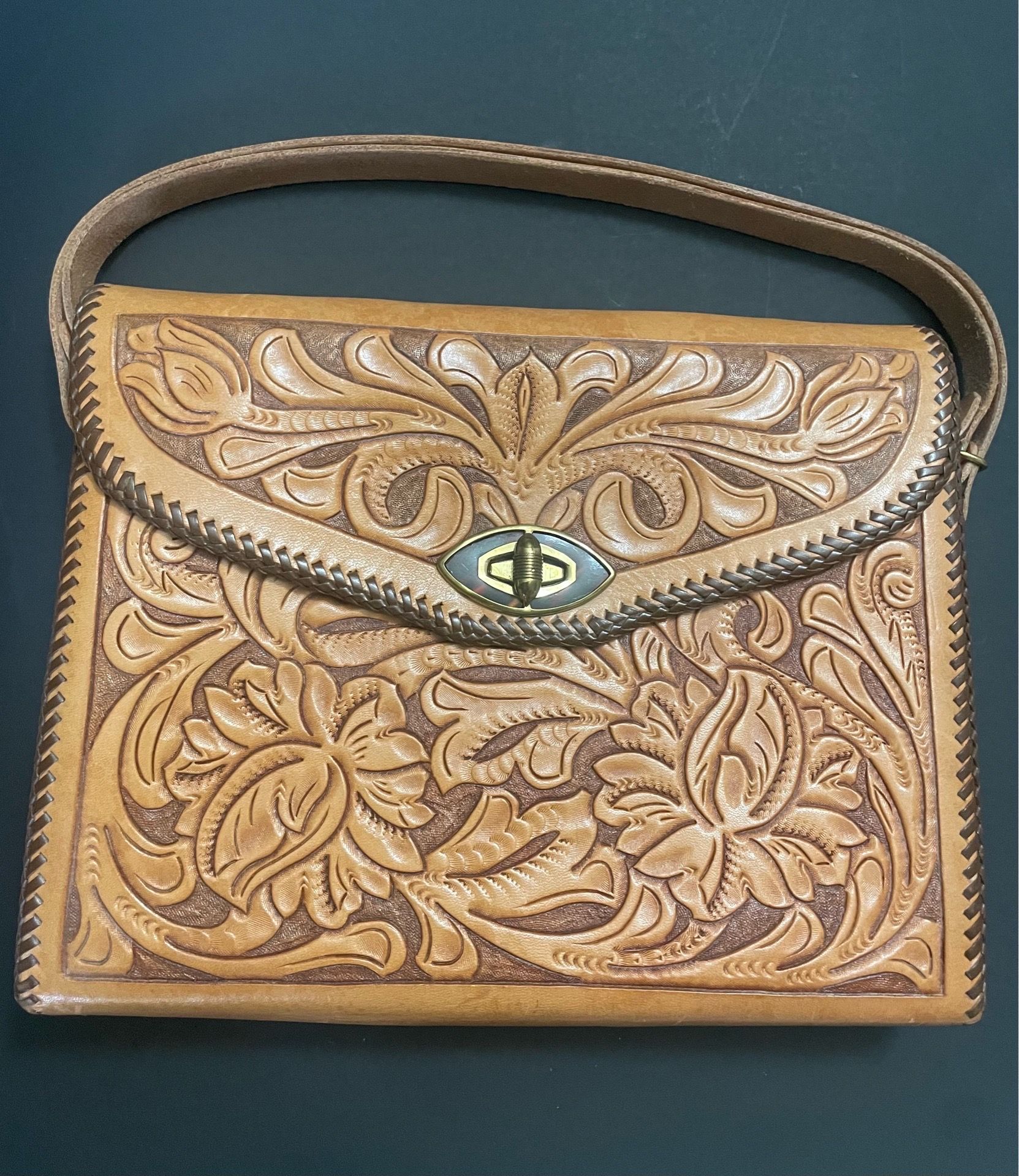 Vintage Hand Tooled floral scrolled leather purse