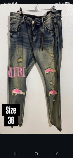 AMIRI BLUE DISTRESSED PINK PATCH DENIM JEANS NEW COLLECTION