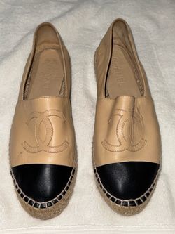 CHANEL Beige Leather Espadrilles with Black Cap Toe