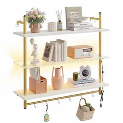 Bestier 41" LED Floating Shelves for Wall, Kitchen Shelves Wall Mounted 3 Tier Shelf with Tower Bar ＆ 8 S-Hooks, Pipe Glass Shelves Bookshelf Wall Dec