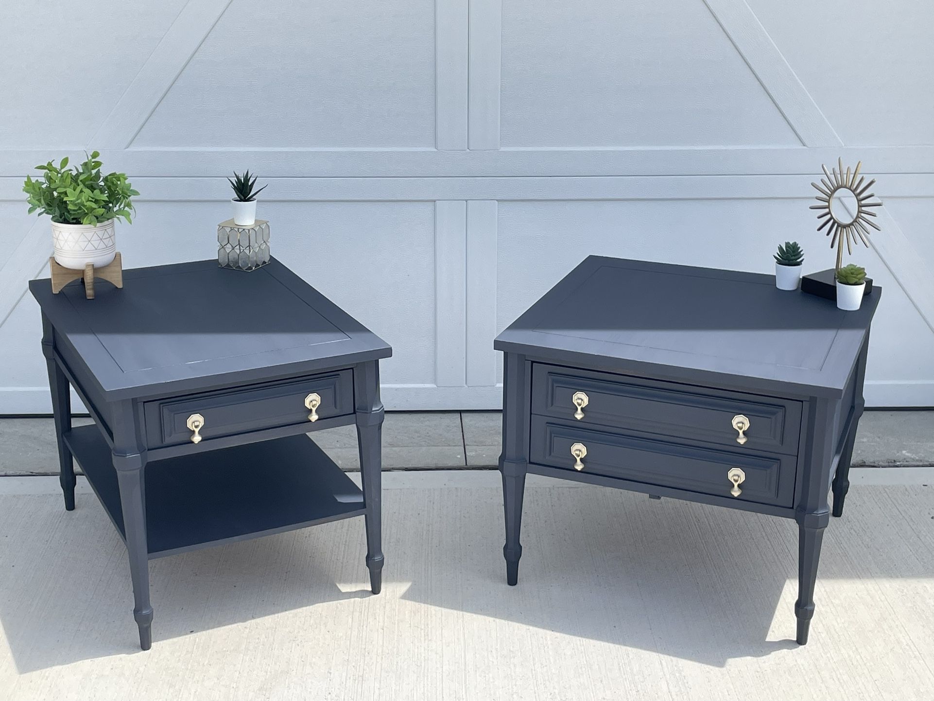 Refinished Pair MCM Navy Blue Solid Wood Side Tables/Nightstands