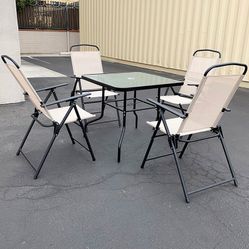 (New in box) $100 Patio 5 Piece Dining Set (32x32” Table and 4pc Folding Chairs)