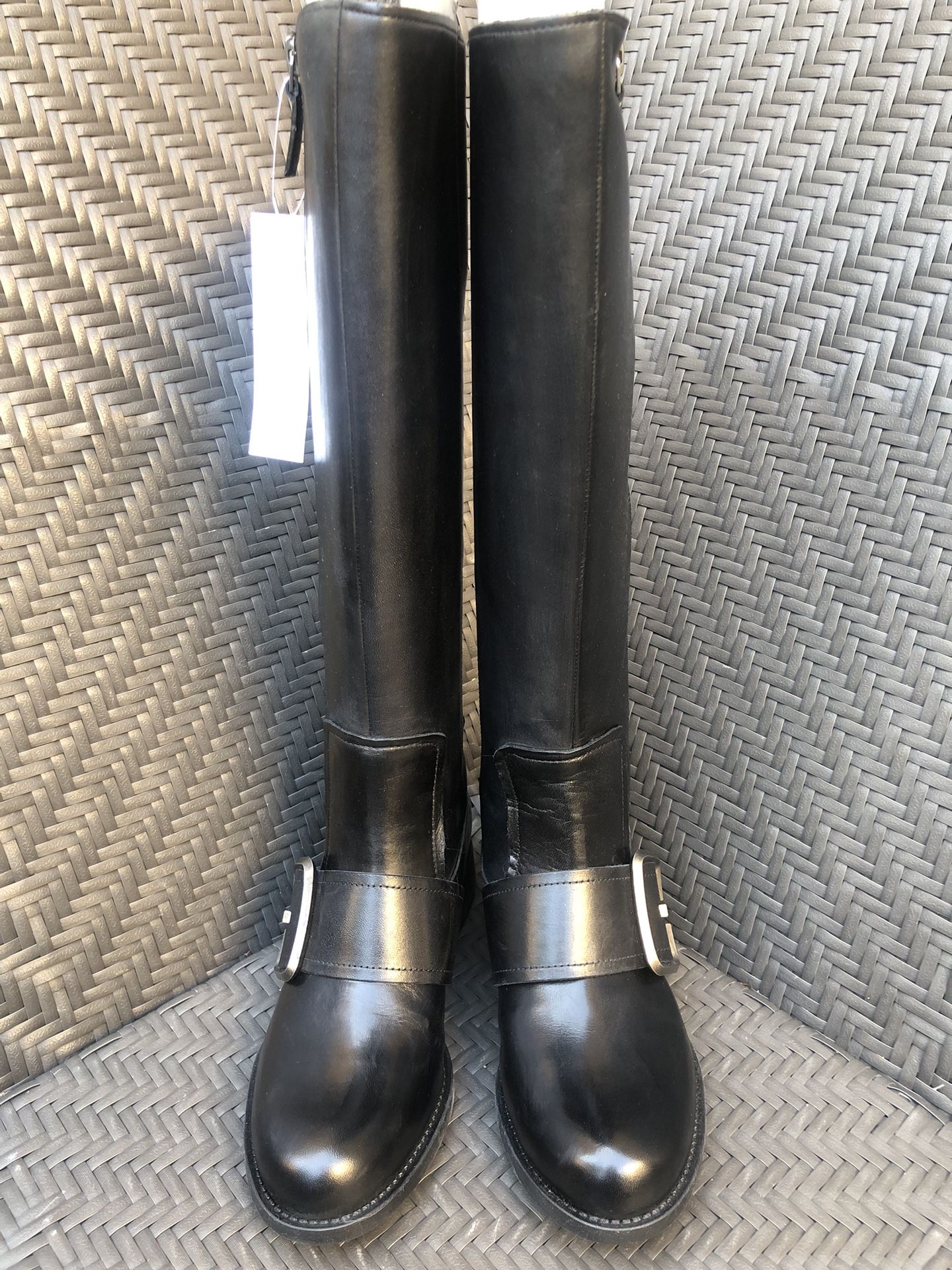 Nine West Tall Riding Callout Leather Boots W/Buckles Black Wide Size 5