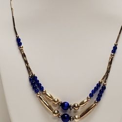 Vintage Sapphire Blue Glass Bead And Silver Tone Necklace Double Strand 