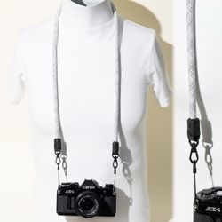 White & Charcoal Rope Camera Neck Strap 42" for DSLR Mirrorless, Lobster Clasps
