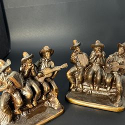 Western, DODGE CO. Set Bronze Bookends Singing Cowboy Musicians On A Fence