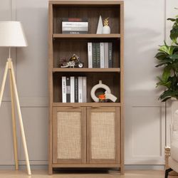 484b-SICOTAS Bookcase 71" Tall Bookshelf 5 Tier Rattan Boho Bookcase with Doors Storage Large Book Case Shelf Farmhouse Bookshelves Library Book Shelv