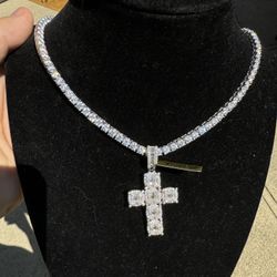 Moissanite Tennis Chains And Cross Pendant 