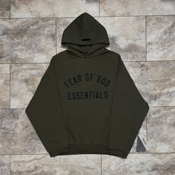 Fear of God Essentials Fleece Hoodie Olive FW24 (With Pockets) Size Small