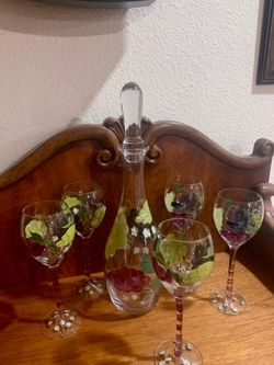 Painted wine glasses and decanter