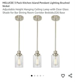 2357: New MELUCEE 3 Pack Kitchen Island Pendant Lighting Brushed Nickel, Adjustable Height Hanging Ceiling Lamp with Clear Glass Shade for Bar Dining 