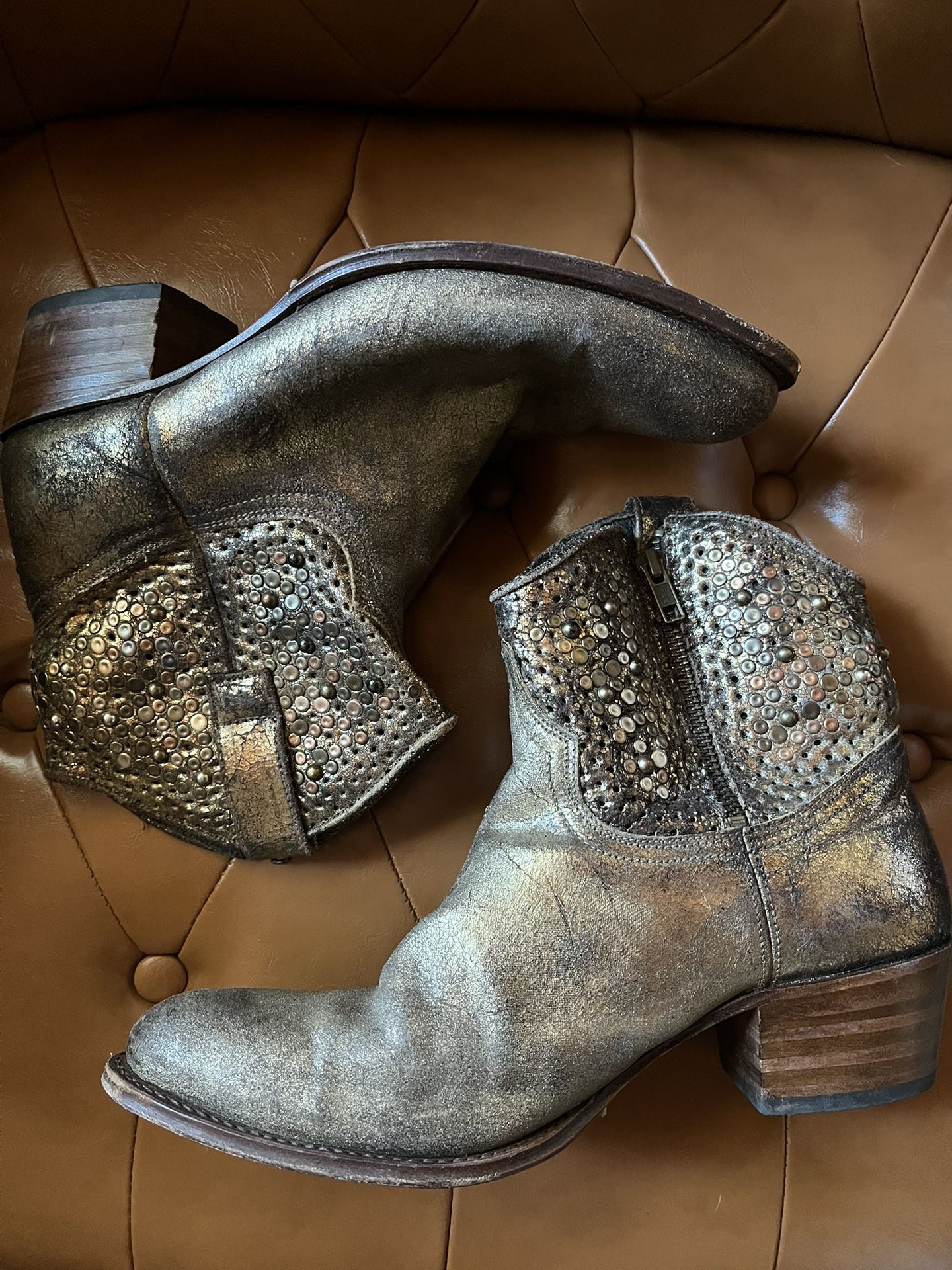 Frye Deborah Studded Distressed Gold Leather Zipper Boot
