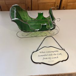 Vintage Stain Glass Green Christmas Sleigh. Excellent Condition. Quite Beautiful  Measures 9x6x5