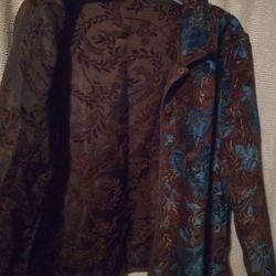 Coldwater Creek Reversible Flowered Velour Embossed Brown & Torquoise Women's Jacket