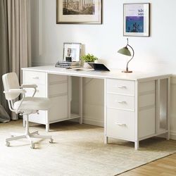 63 Inch Office Desk with 6 Fabric Drawers, Large Computer Desk for Home Office with Hidden Storage Shelves, White  Work from Home Desk】The s