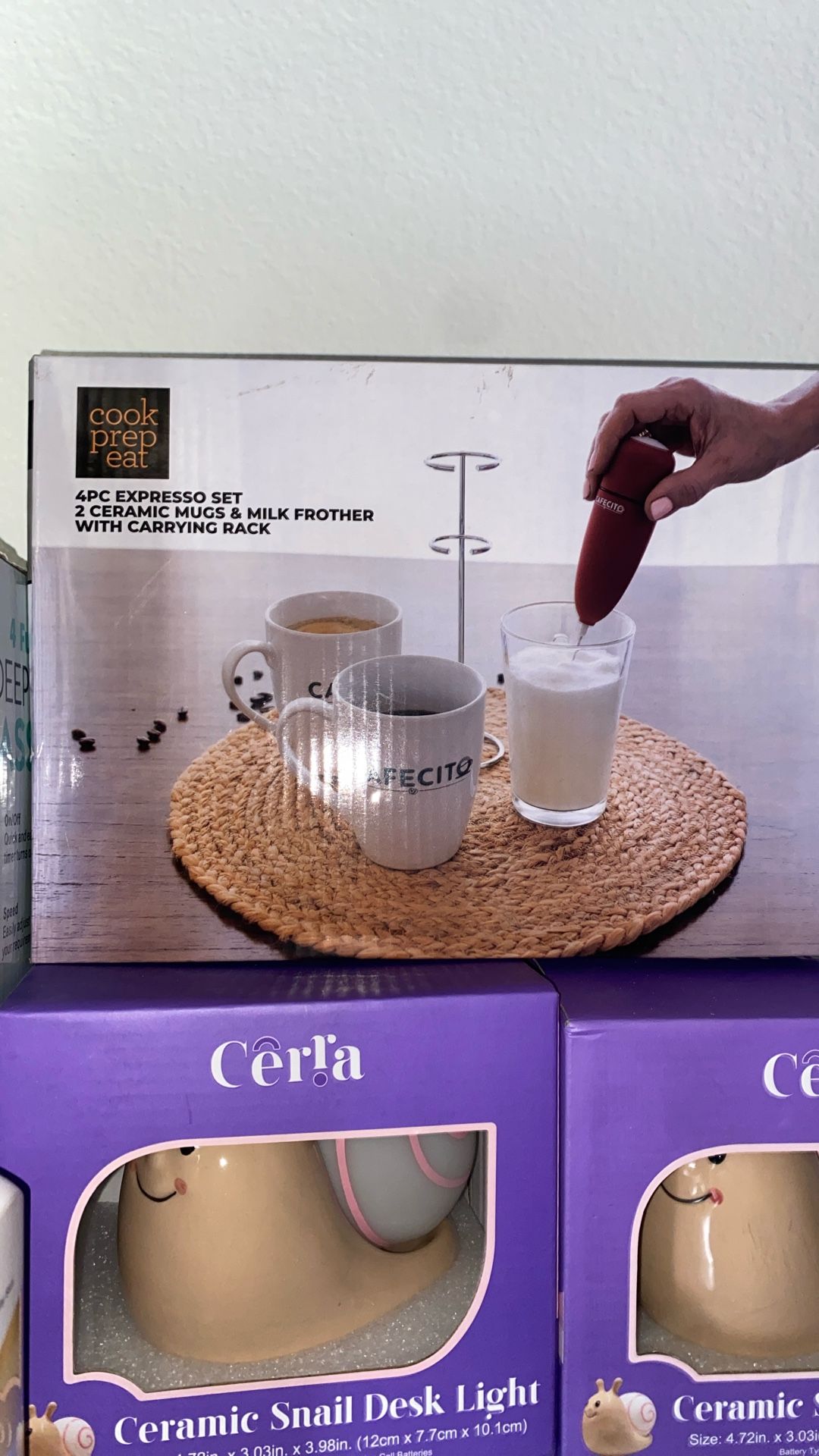 Expresso Set With Mugs And Milk Frothed And Carrying Rack