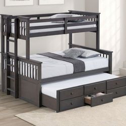 Brand New Grey Twin Over Full Bunk Bed w Trundle Bed  + Drawers 
