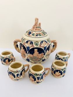 Vintage GERZ German Castle Tureen OCTOBERFEST Punch / Soup Bowl & 5 Individual Mugs Cups Set