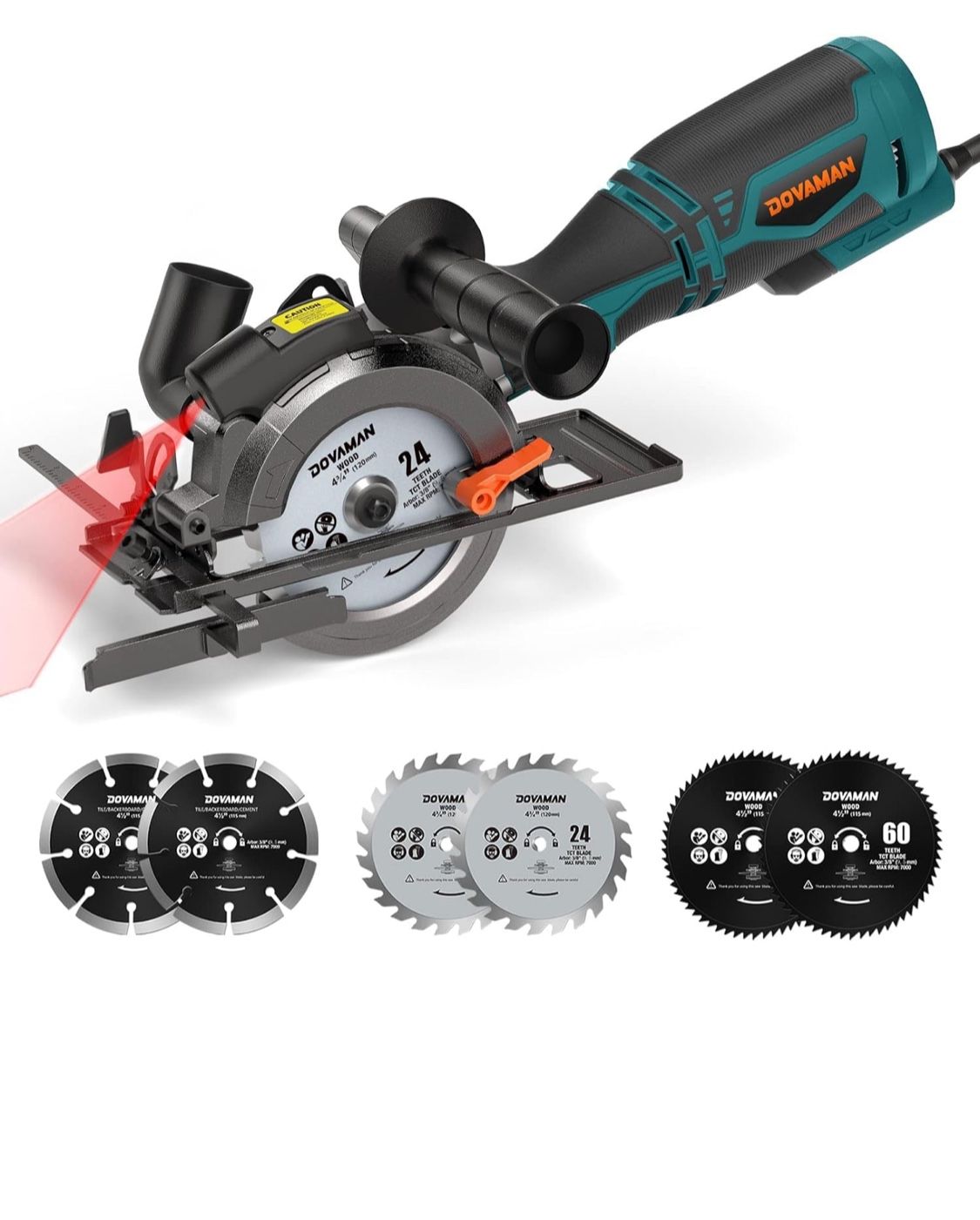 Circular Saw, 5.8A 4-1/2" Circular Saw w/Laser, Metal Auxiliary Handle, 6 Saw Blades (4½", 4¾"), Cutting Depth 1-11/16" (90°), 1-3/8" (45°), Ideal for