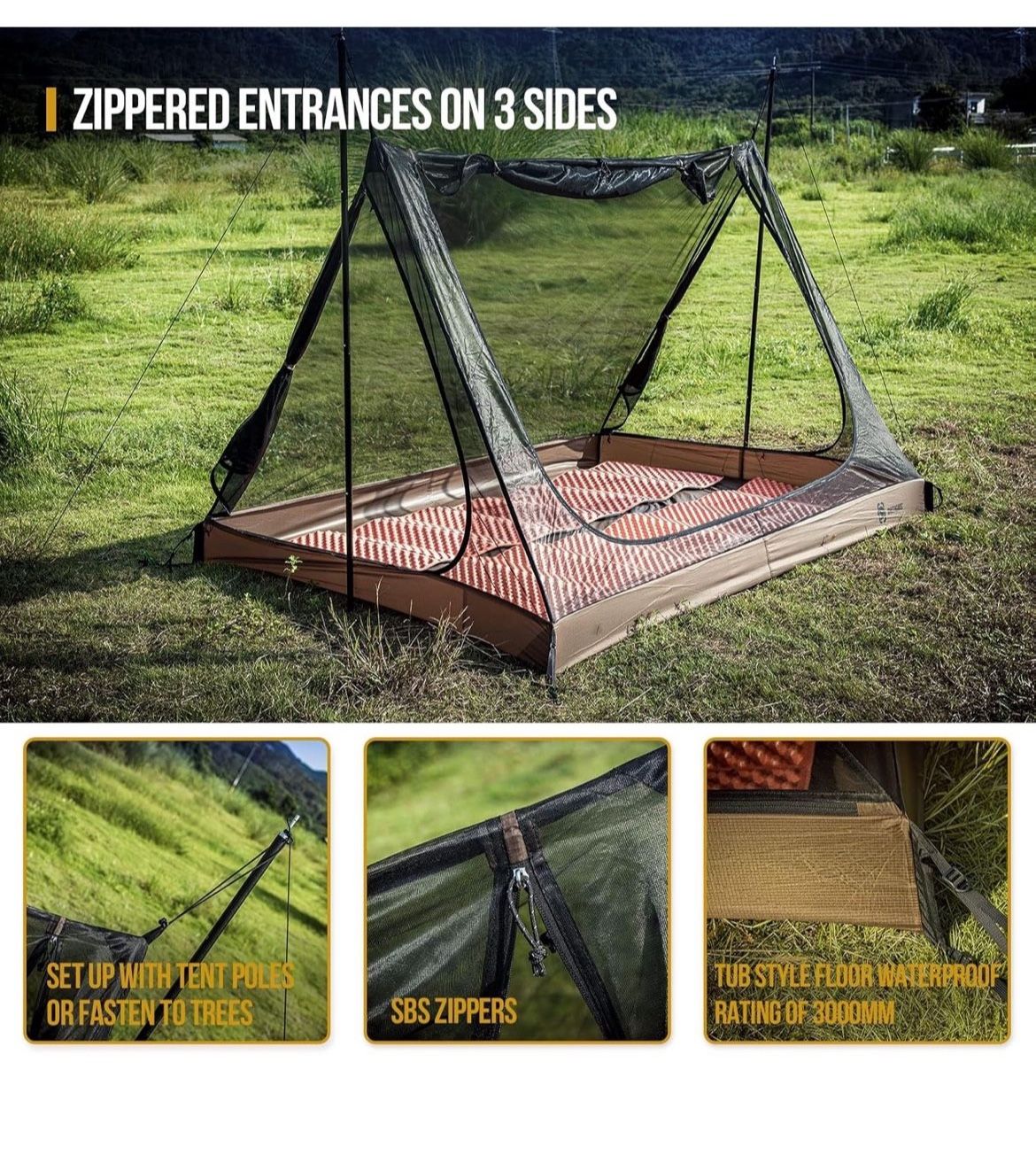 OneTigris 2 Person Mesh Tent, 3 Openings Screen Shelter with Waterproof Bathtub Floor for Outdoors Camping Lightweight Backpacking Thru-Hiking Travel