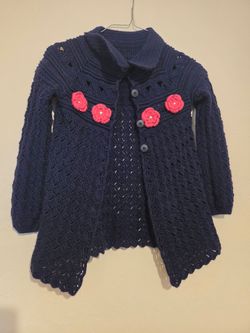 Girls Navy Crochet Knit Cardigan with Flowers