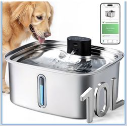 Smart Dog Water Bowl Dispenser Large, 10L/ 2.64Gal Cordless Dog Water Fountain Stainless Steel with APP Monitoring, 4000mah Automatic Cat Water Founta