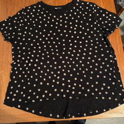 Zara T Shirt Top Womens XL Black Tan Polka Dot High Low Hem Short Sleeve Cotton