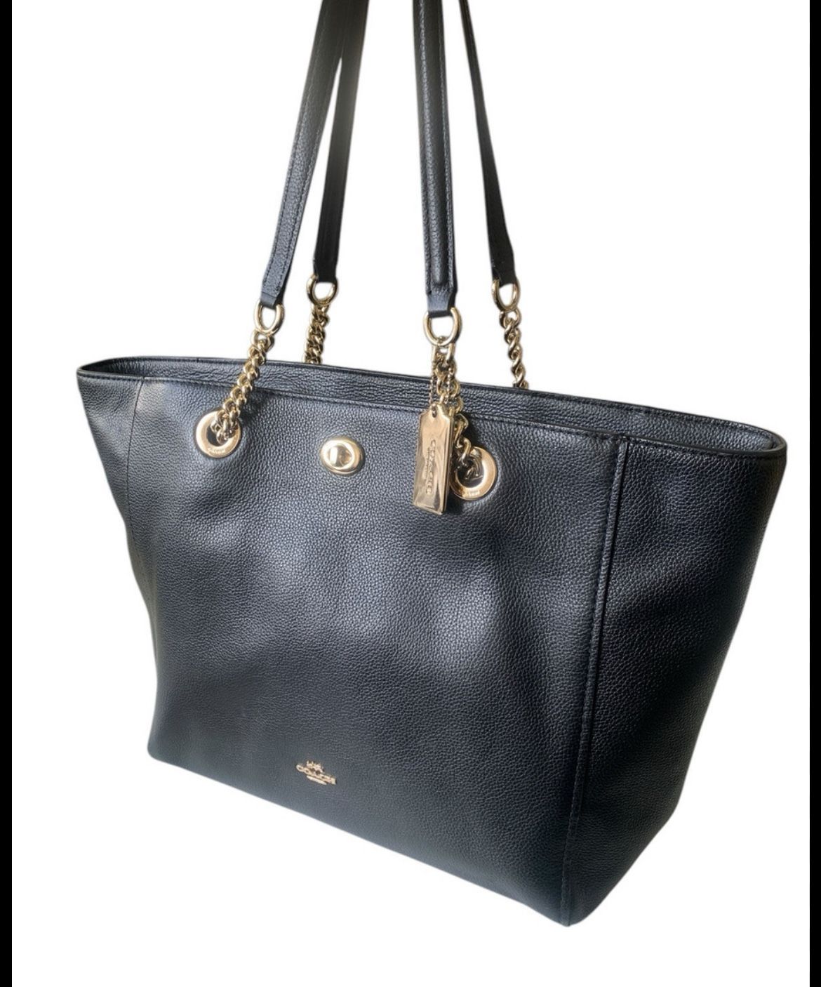 Coach 57107 Turn Lock Tote Black Leather Shoulder Bag Gold Chain