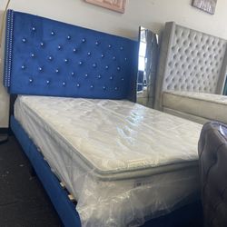 Blue Velvet Platform Bed Frame 